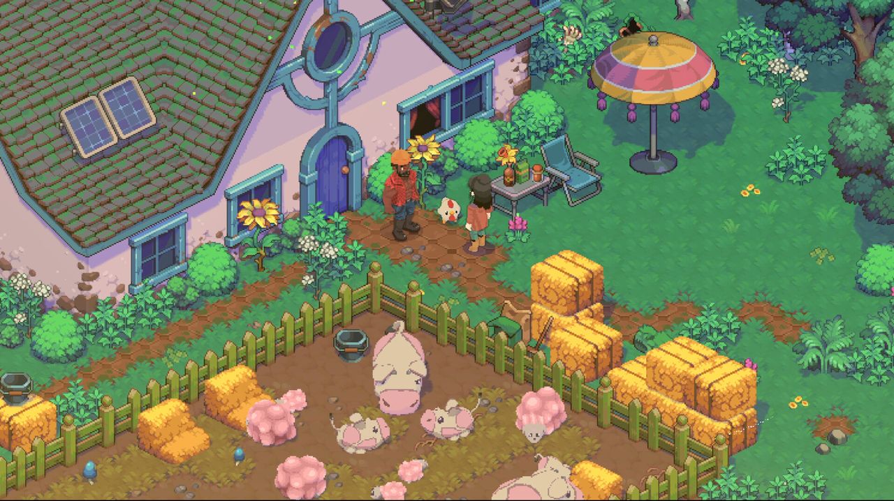 Official Moonfrost screenshot: a village street with a garden, animals and two villagers