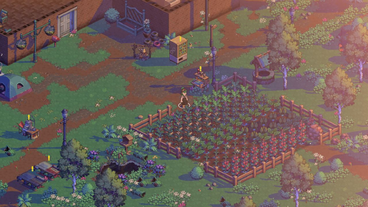 Official Moonfrost screenshot: a character on a wooden bridge over a pond in a lush garden