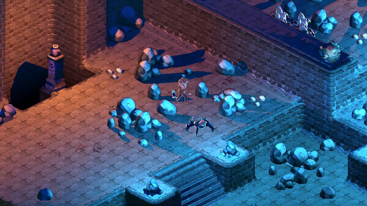 Official Moonfrost screenshot: the mossy interior of the Olunari Temple with glowing tiles and statues