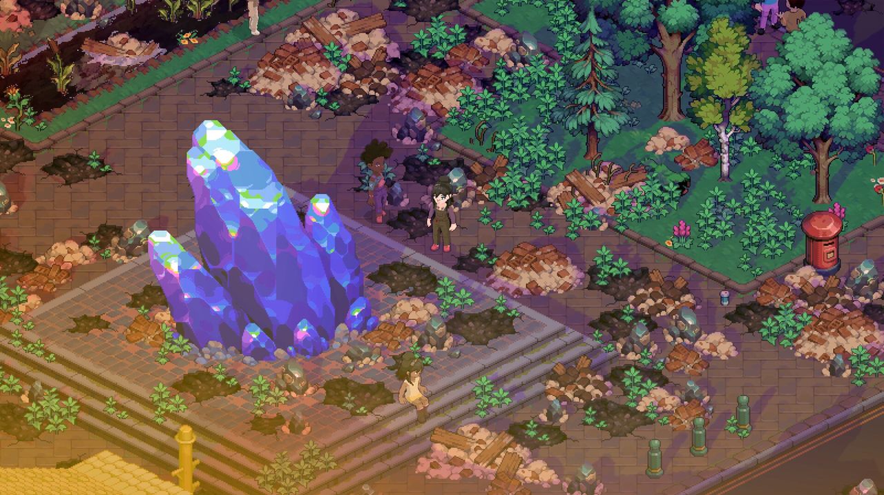 Official Moonfrost screenshot: a character tending plants in a garden beside a house
